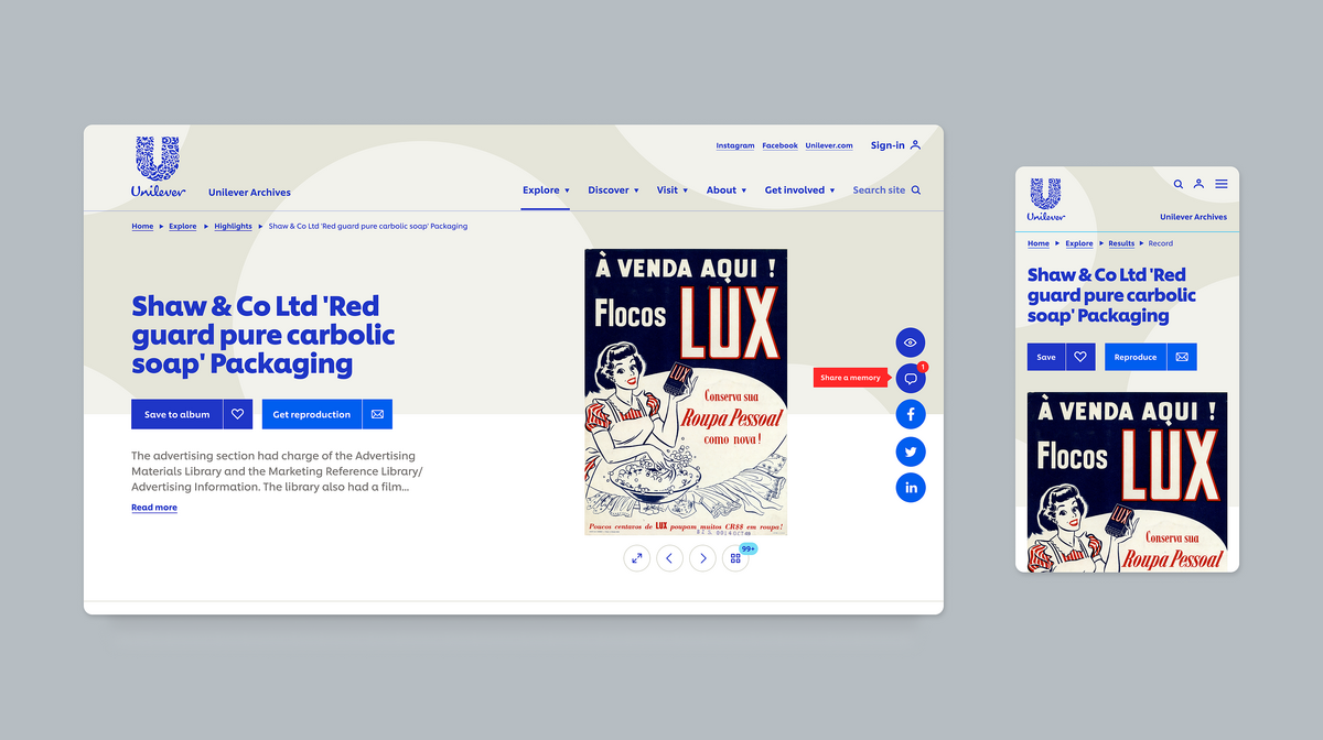 Image of a single record page on Unilever Archives website on both desktop and mobile